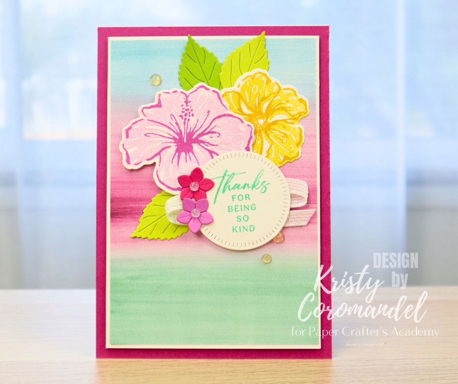 Bright handmade card with layered flowers and stitched sentiment – cardmaking layering idea