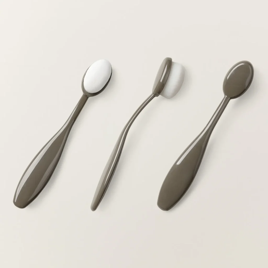 Three small ink blending brushes with soft white bristles and grey ergonomic handles lying on a light background.