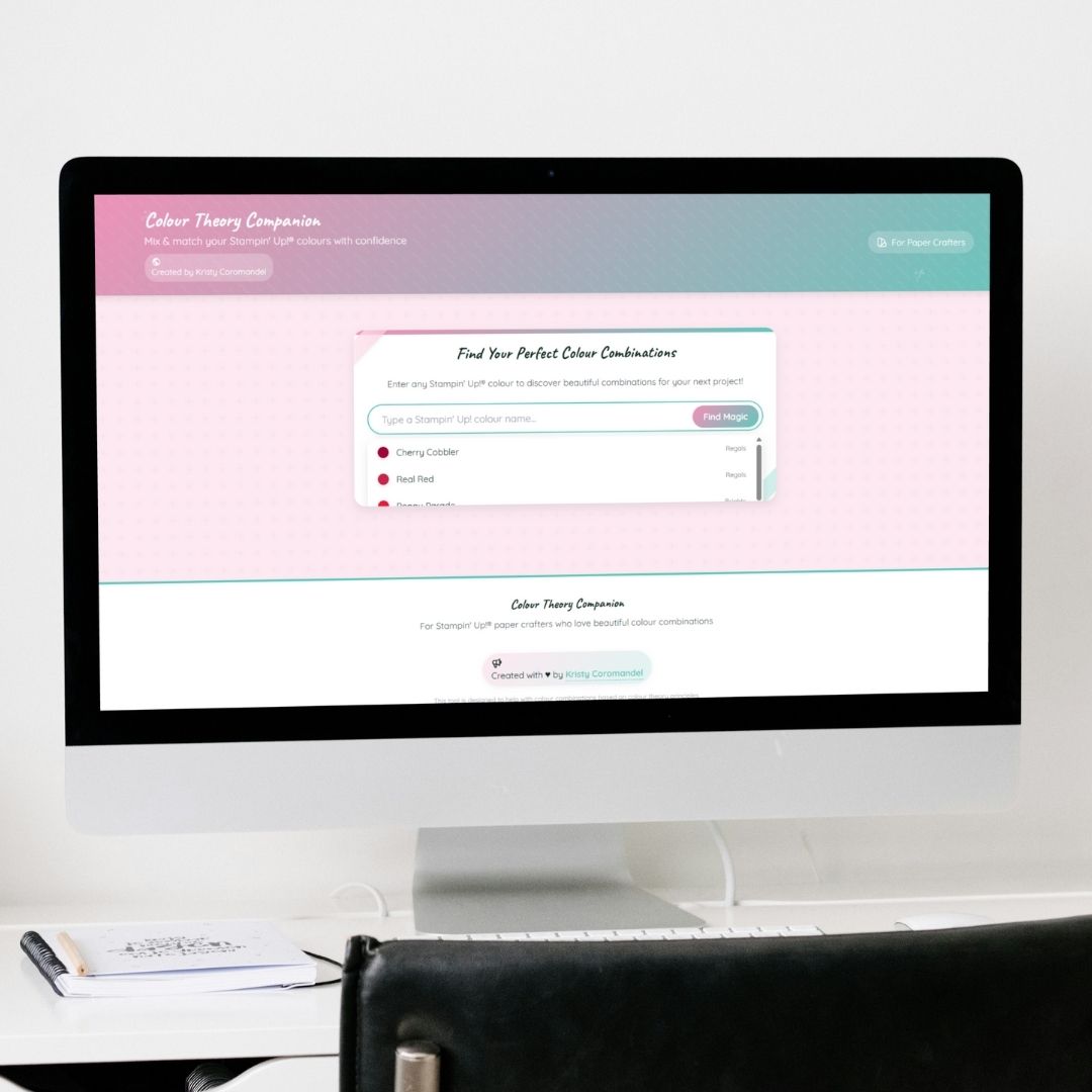 A computer screen displaying the Colour Theory Companion by Kristy Coromandel — an interactive tool for Stampin’ Up!® paper crafters to mix and match colours with confidence.