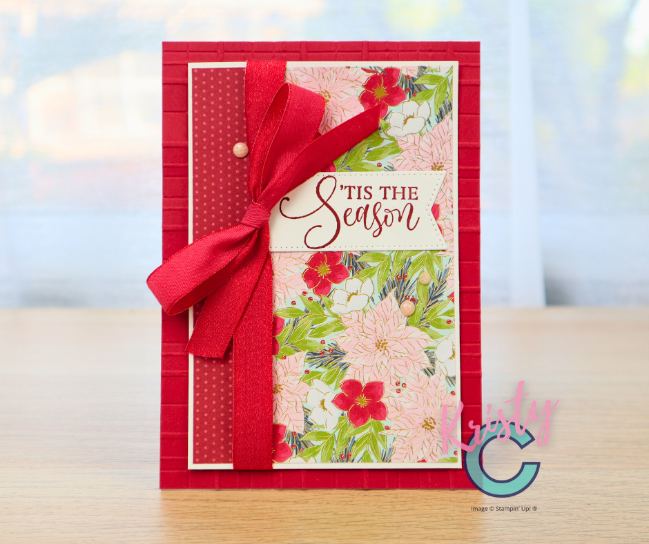 Handmade Christmas card with white embossed background, gold accents, and red ‘’Tis the Season’ sentiment.”