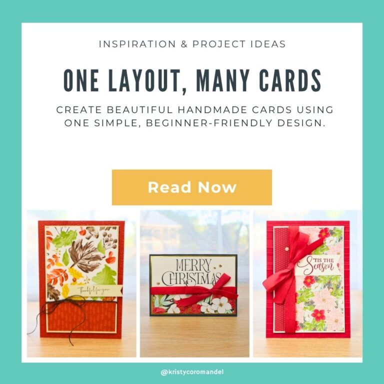 Three handmade cards created using one easy card layout for beginners — featuring holiday designs with patterned paper, ribbon, and simple embellishments.