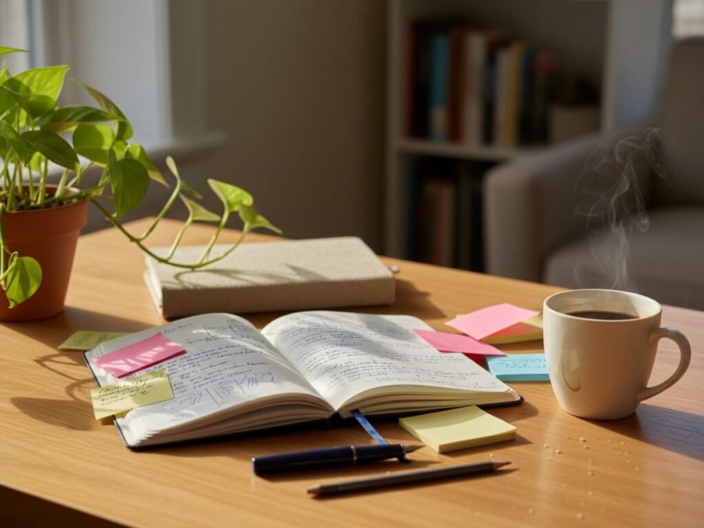 A warm creative workspace with an open notebook, steaming coffee cup, sticky notes and a green plant on a wooden desk