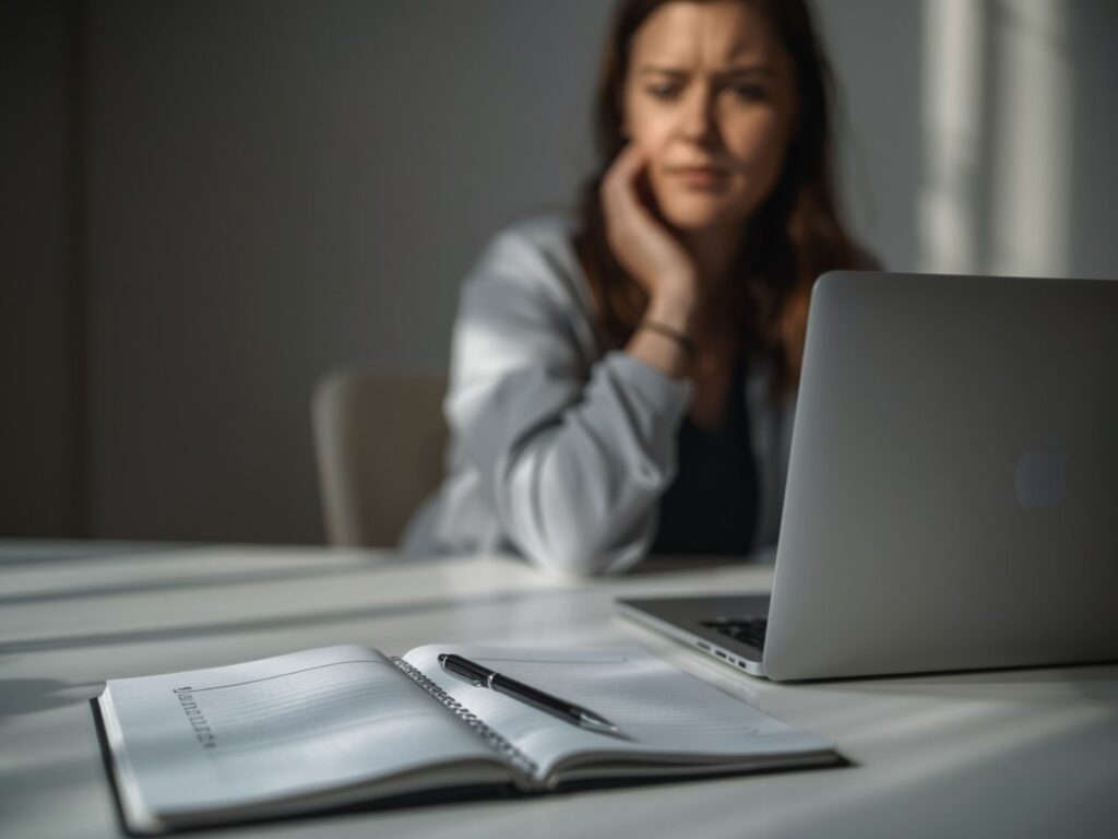 A woman sitting at a desk looking stressed and overwhelmed at her laptop with an open notebook in front of her