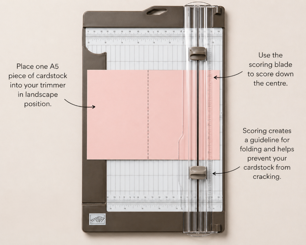A5 cardstock placed in landscape position inside a paper trimmer, aligned to score down the centre to create a clean fold for a standard card base.