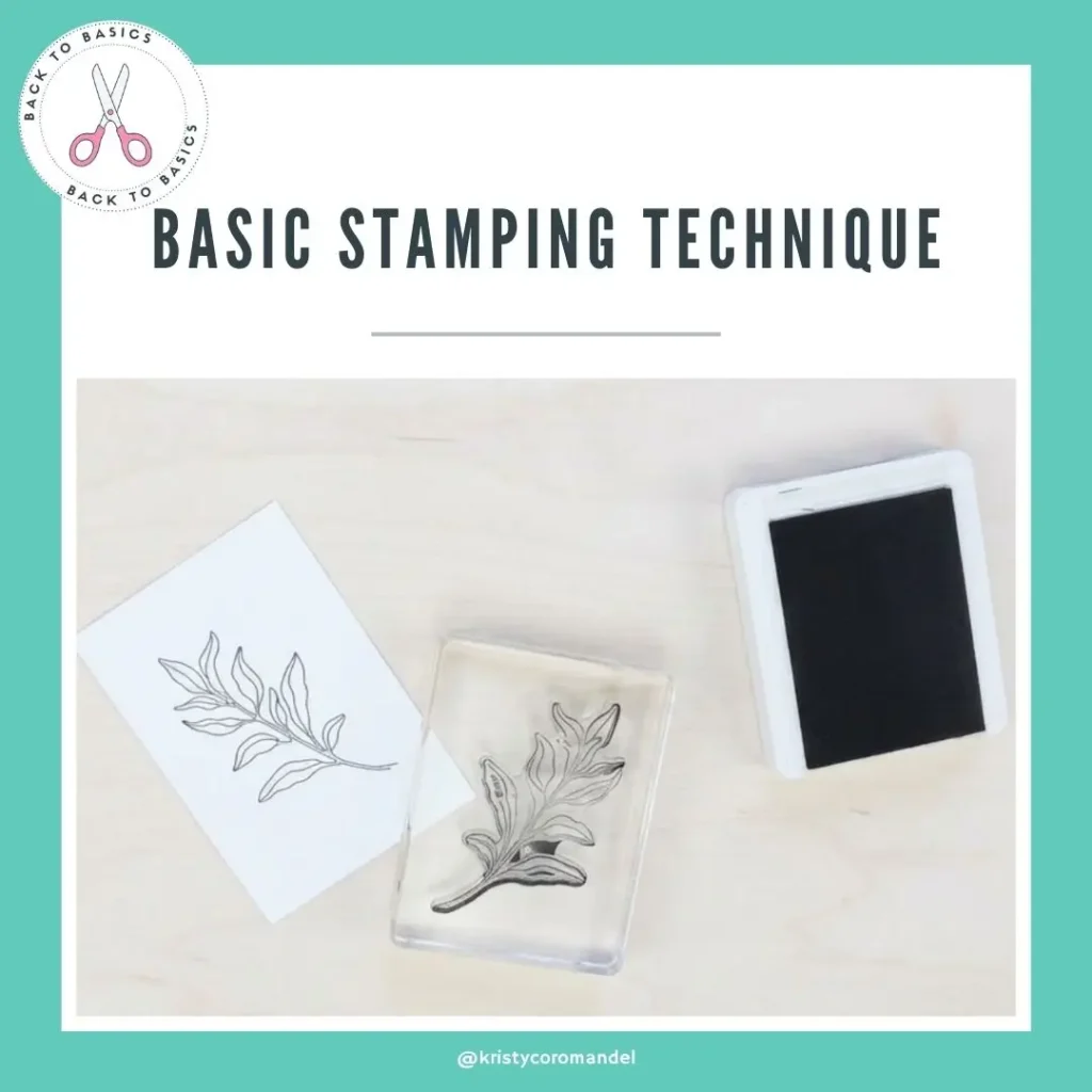 Flat lay of basic stamping supplies including a clear stamp on an acrylic block, black ink pad, and a clean stamped image on white cardstock demonstrating beginner stamping technique.
