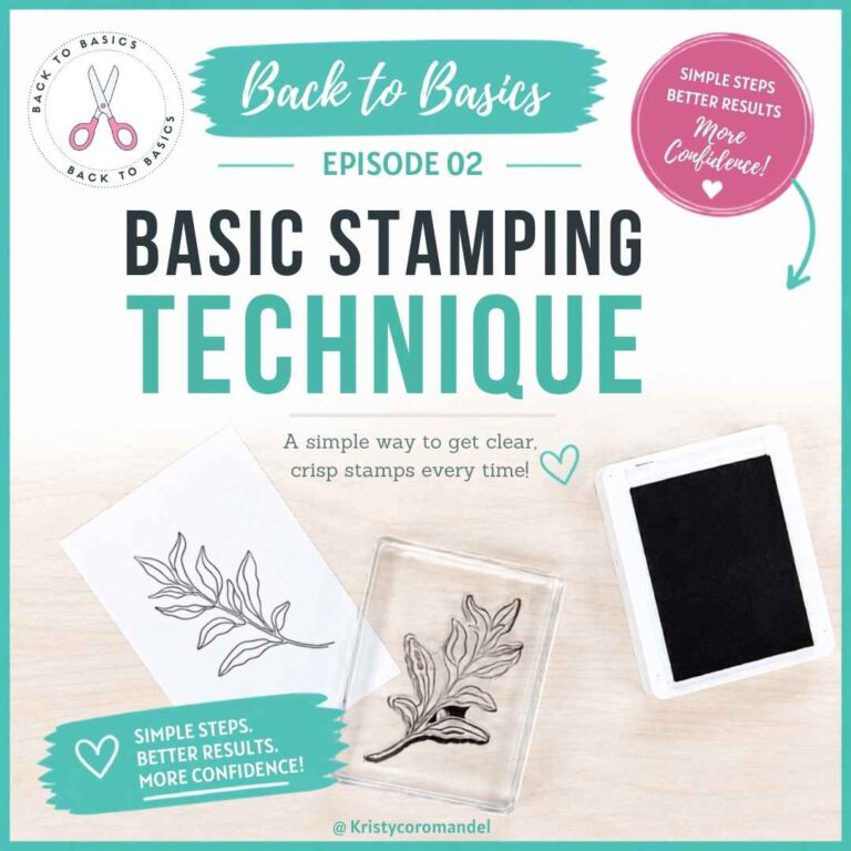 Flat lay of basic stamping supplies including a clear stamp on an acrylic block, black ink pad, and a clean stamped image on white cardstock demonstrating beginner stamping technique.