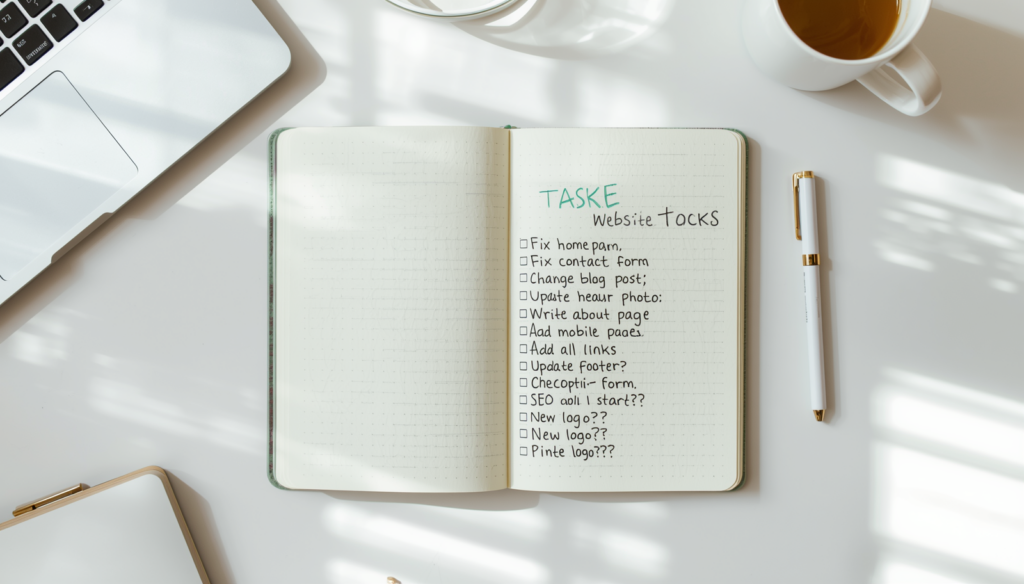 Overhead flat lay of an open notebook filled with a long handwritten list of website tasks, surrounded by a laptop, coffee cup, and pen — illustrating the overwhelm of trying to fix everything at once.
