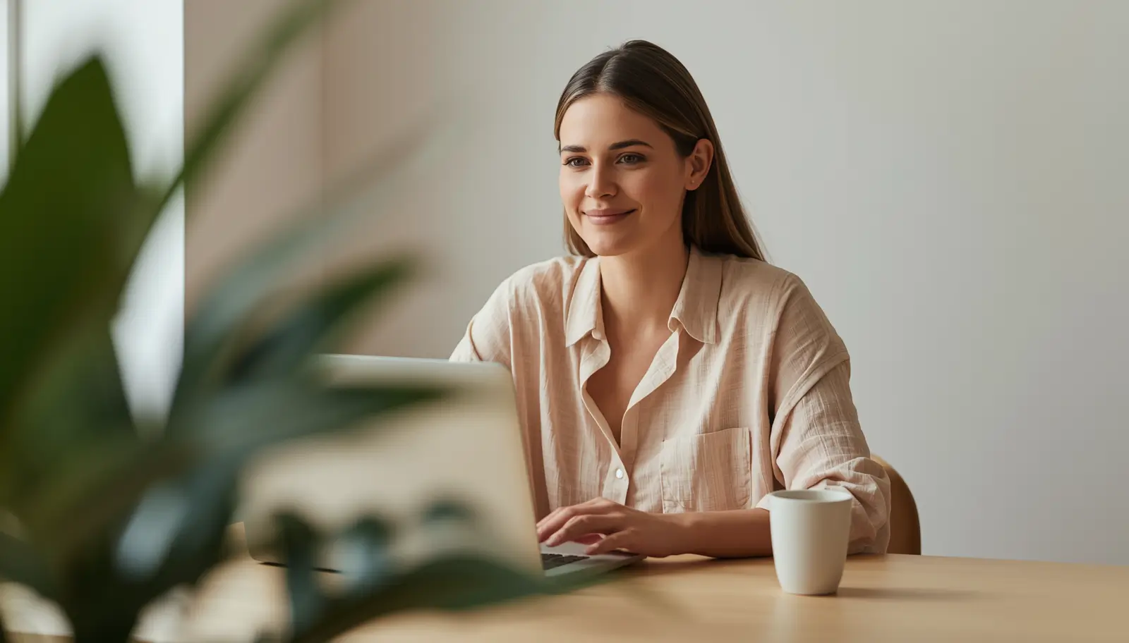 A woman in a soft linen shirt sitting at a light wooden desk with a laptop and coffee cup, smiling gently with a relaxed, settled expression — the feeling of clarity and quiet confidence after getting help with your website.