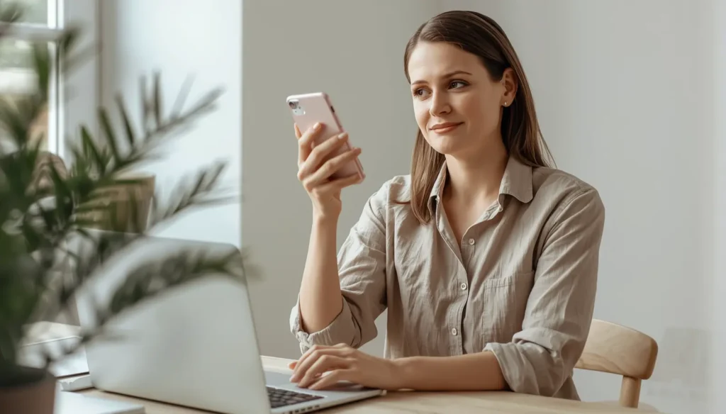 A woman in a linen shirt sitting at a light desk with a laptop, holding up her phone and looking sideways with a slight smile — capturing the feeling of finding conflicting advice online and not knowing what to trust.