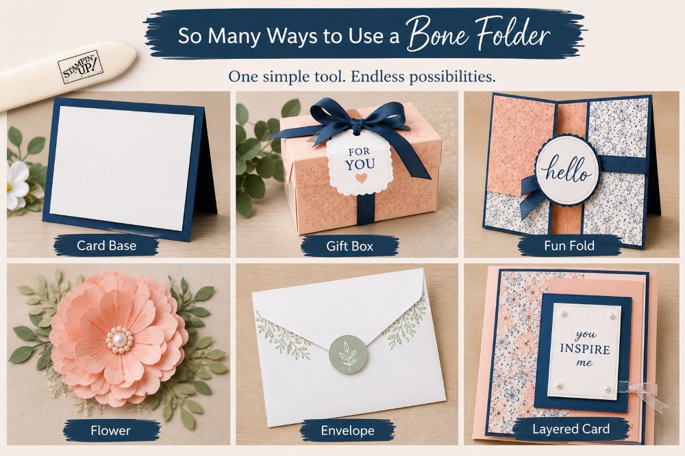 Collage showing six ways to use a bone folder in card making, including creating card bases, gift boxes, fun fold cards, paper flowers, envelopes and layered handmade cards.