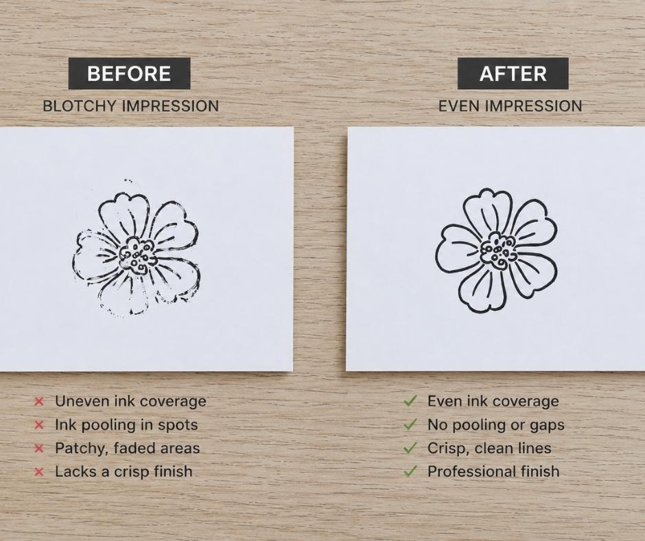 Flat lay comparison showing a blotchy flower stamp impression beside a clean, evenly inked flower stamp impression on white cardstock, demonstrating the results of poor versus proper inking techniques.