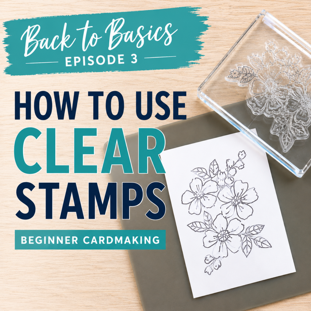 Overhead view of a clear photopolymer stamp mounted on an acrylic block beside a stamped floral image on white cardstock, demonstrating how clear stamps help with accurate placement in cardmaking.
