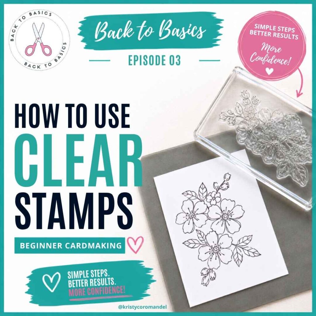 Overhead view of a clear photopolymer stamp mounted on an acrylic block beside a stamped floral image on white cardstock, demonstrating how clear stamps help with accurate placement in cardmaking.