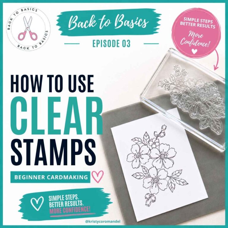 Overhead view of a clear photopolymer stamp mounted on an acrylic block beside a stamped floral image on white cardstock, demonstrating how clear stamps help with accurate placement in cardmaking.