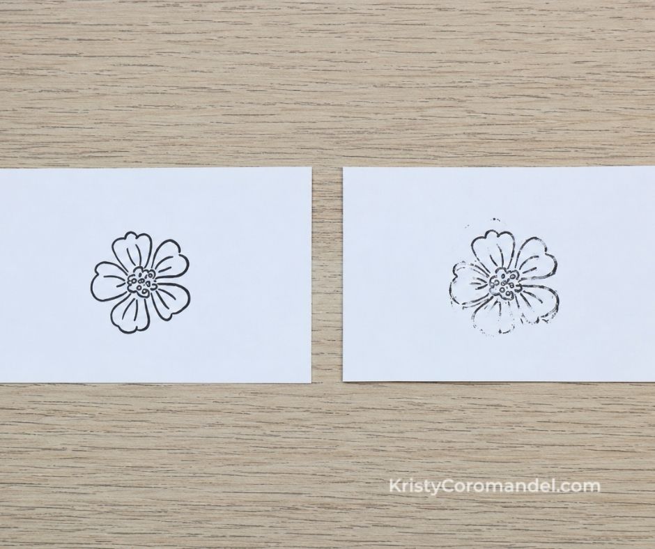 Side-by-side comparison of two stamped flower images on white cardstock, showing a crisp, evenly inked impression next to a blotchy stamped image with uneven ink coverage.