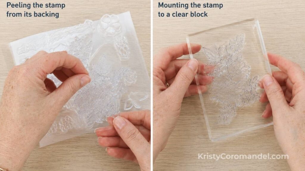 Close-up overhead view of hands peeling a clear photopolymer stamp from its backing sheet and mounting it onto a clear acrylic block on a craft table.
