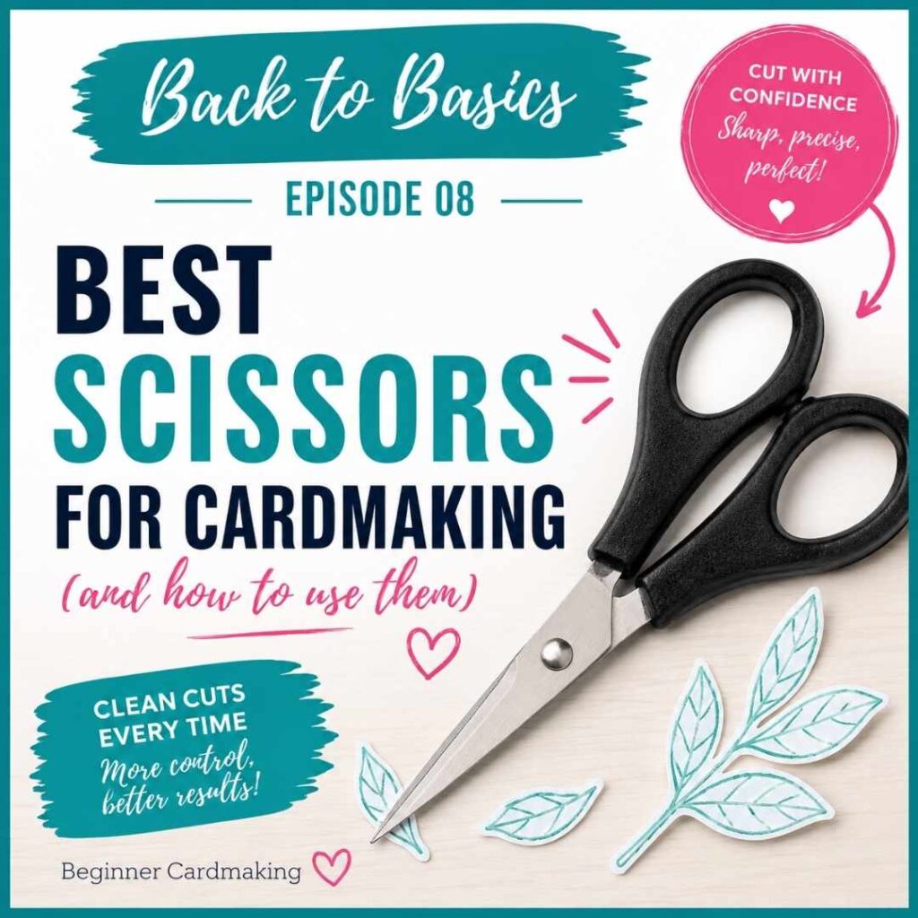 Back to Basics Episode 8 blog feature image showing Stampin' Up! Detail Scissors with the title "Best Scissors for Cardmaking (and How to Use Them)" on a teal, white and pink background for beginner cardmakers.