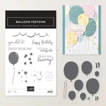 Balloon Festoon photopolymer stamp set and coordinating balloon dies from Stampin' Up!, shown with a multi-balloon celebration card sample