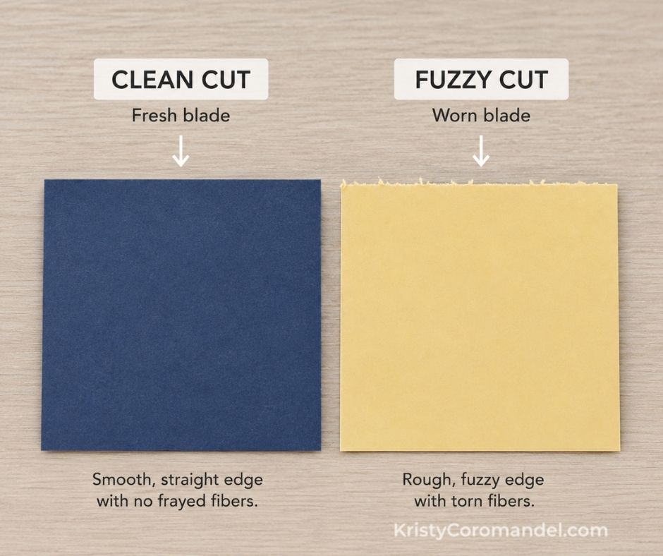 Comparison of two cardstock pieces showing a clean cut edge made with a sharp paper trimmer blade and a fuzzy, frayed edge made with a worn blade.