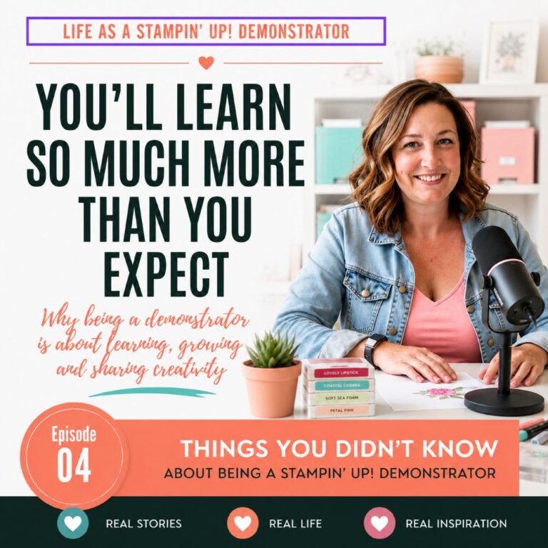 Feature image for Episode 4 of Things You Didn't Know About Being a Stampin' Up! Demonstrator, showing Kristy Coromandel at her craft desk with a microphone and the title "You'll Learn So Much More Than You Expect".