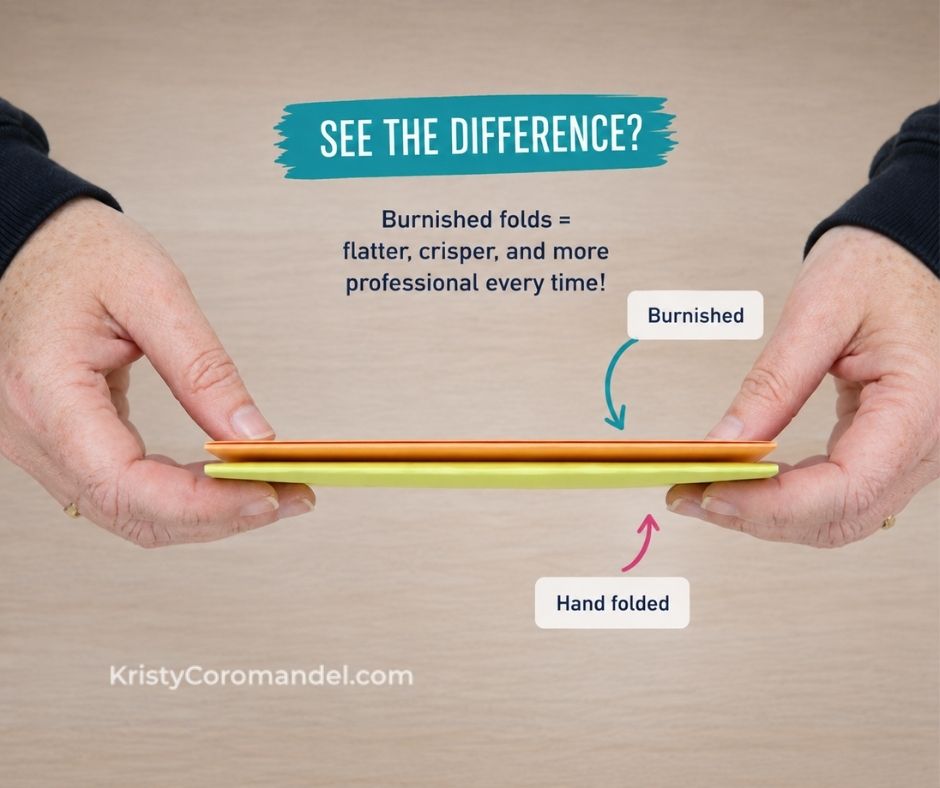 Side-by-side comparison of two folded card bases held edge-on, showing a burnished orange card base lying flat above a hand-folded yellow card base that sits slightly open.