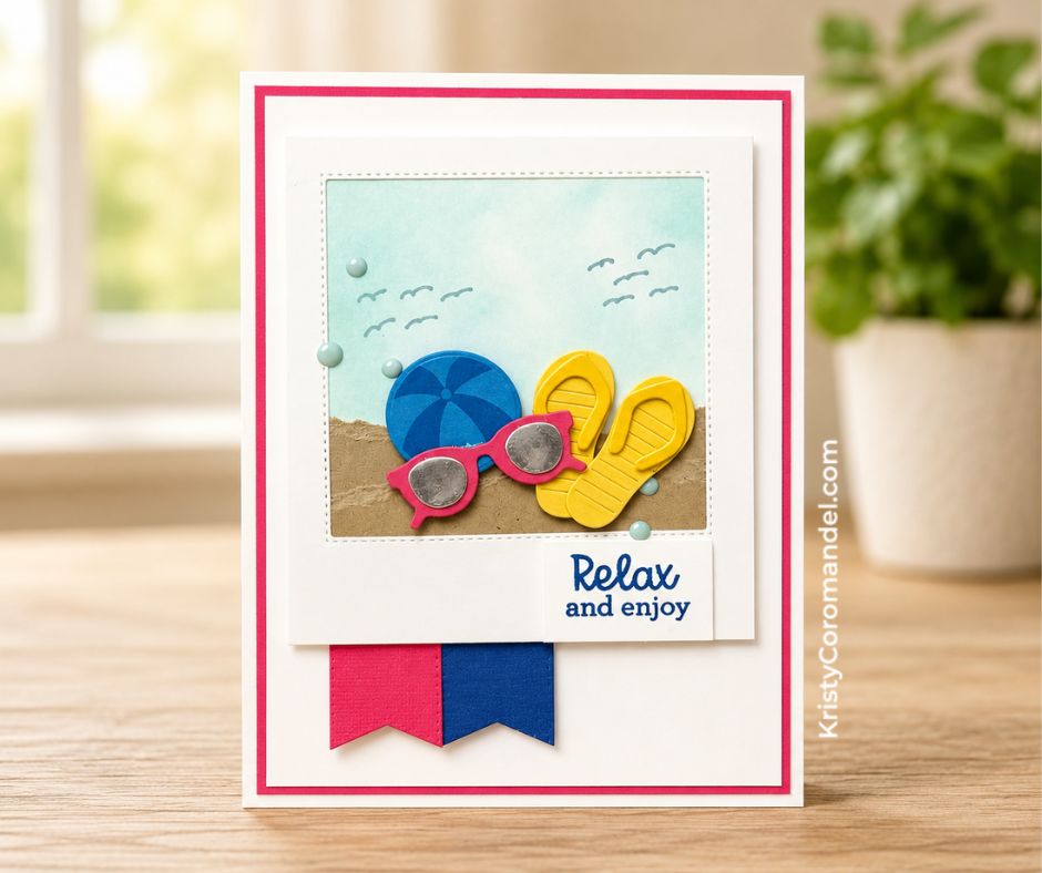 Handmade beach scene card featuring a blended sky, torn cardstock sand, die-cut sunglasses, flip flops and a beach umbrella created with the Stampin' Up! Splash & Relax Bundle.