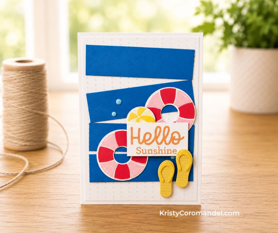 Handmade summer card featuring layered blue cardstock strips, die-cut life rings, a beach ball and flip flops with the Hello Sunshine sentiment from the Stampin' Up! Splash & Relax Bundle.