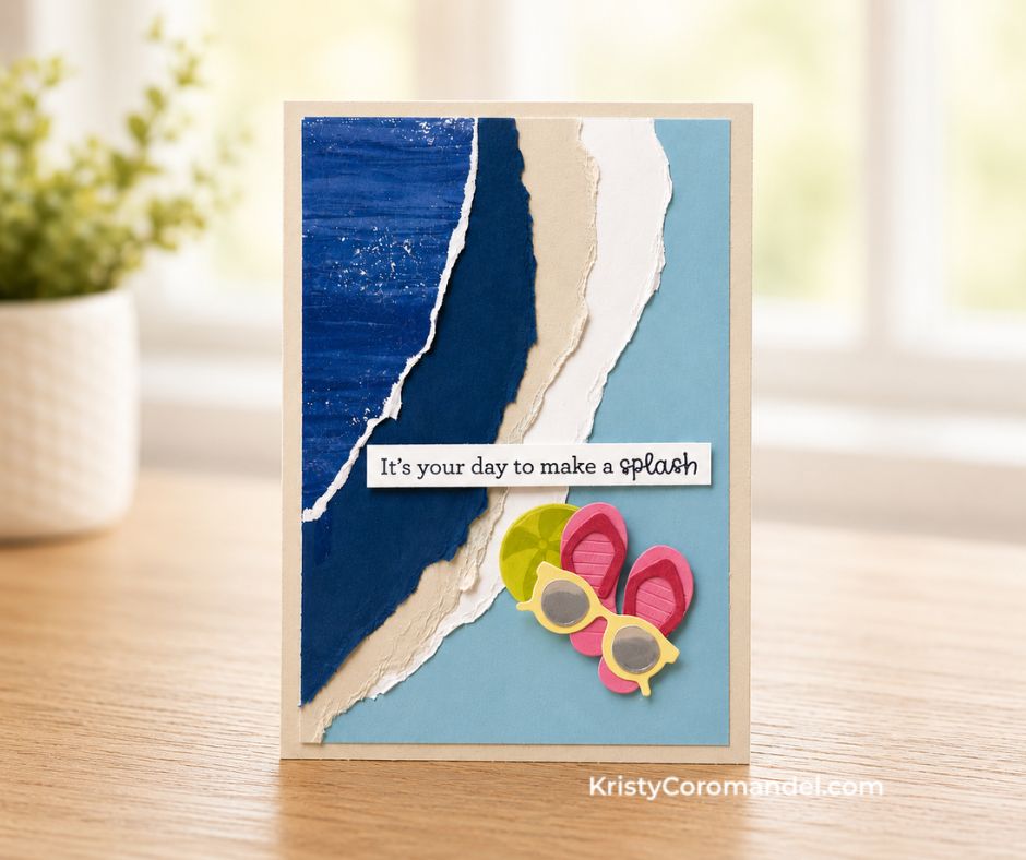 Handmade beach scene card featuring a blended sky, torn cardstock sand, die-cut sunglasses, flip flops and a beach umbrella created with the Stampin' Up! Splash & Relax Bundle.
