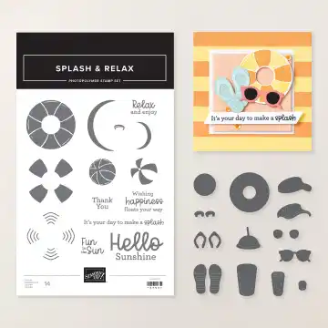The Stampin' Up! Splash & Relax Bundle featuring beach-themed photopolymer stamps and coordinating dies, including flip flops, sunglasses, beach balls, life rings and umbrellas for creating summer-inspired handmade cards.