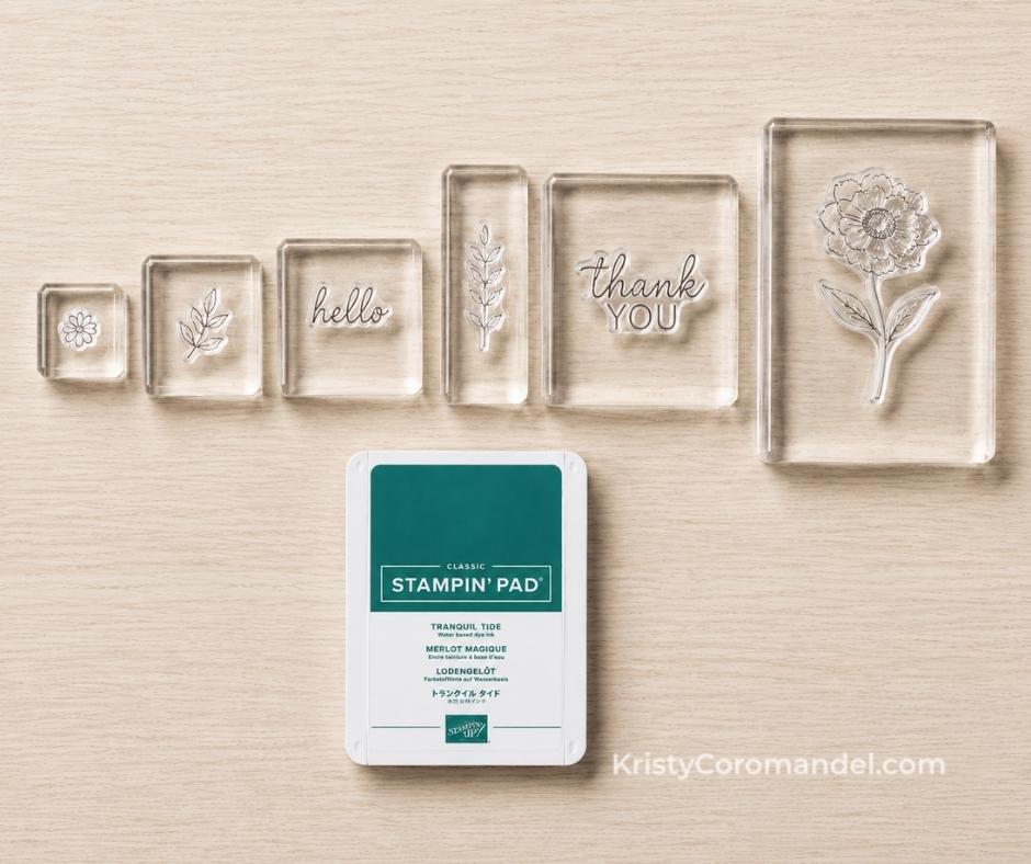 A top-down flat lay showing six clear acrylic stamping blocks arranged from smallest to largest, each holding a stamp that matches its size. A Peaceful Pine Stampin' Up! Classic Stampin' Pad sits below the blocks on a light wood background.