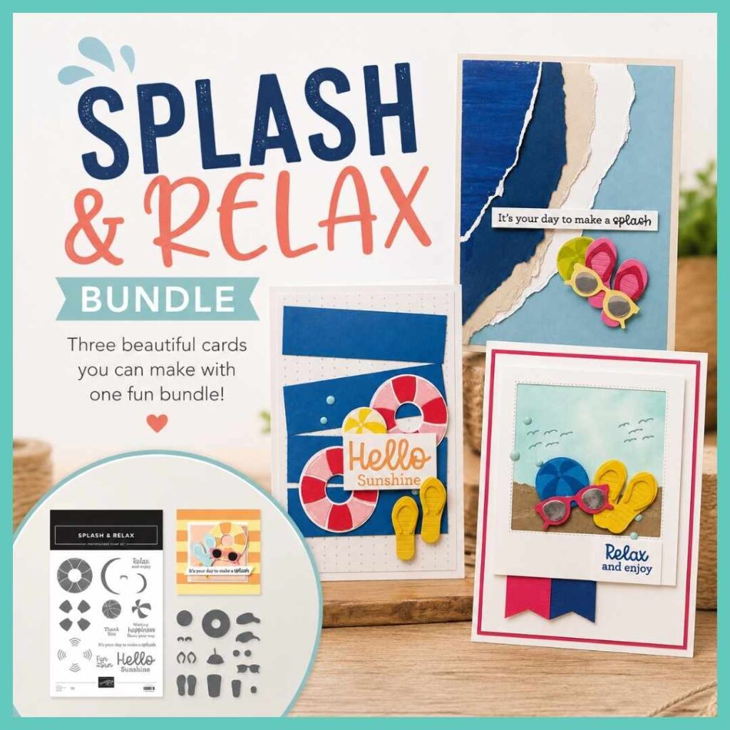 Blog feature graphic showcasing three handmade beach-themed cards created with the Stampin' Up! Splash & Relax Bundle, including a product image and summer-inspired card designs featuring flip flops, life rings, sunglasses and beach accessories.