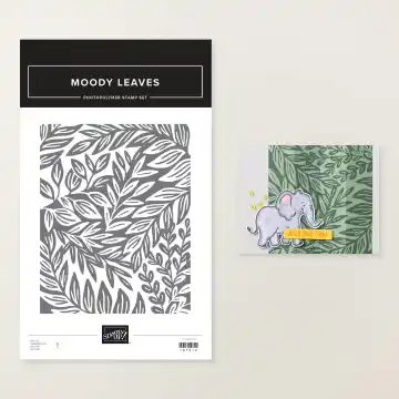Stampin' Up! Moody Leaves Background Stamp Set displayed alongside a handmade card featuring a green leafy background with a cute elephant focal point and "Just for You" sentiment.