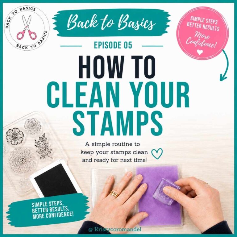 Back to Basics Episode 5 blog feature image showing hands cleaning a clear photopolymer stamp with a purple Simply Shammy inside a clear stamp case, alongside stamping supplies and the title "How to Clean Your Stamps."