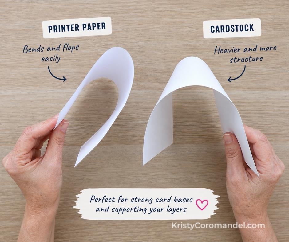 Side-by-side comparison of flexible printer paper and sturdy cardstock, showing why cardstock is better for handmade card bases and layers.