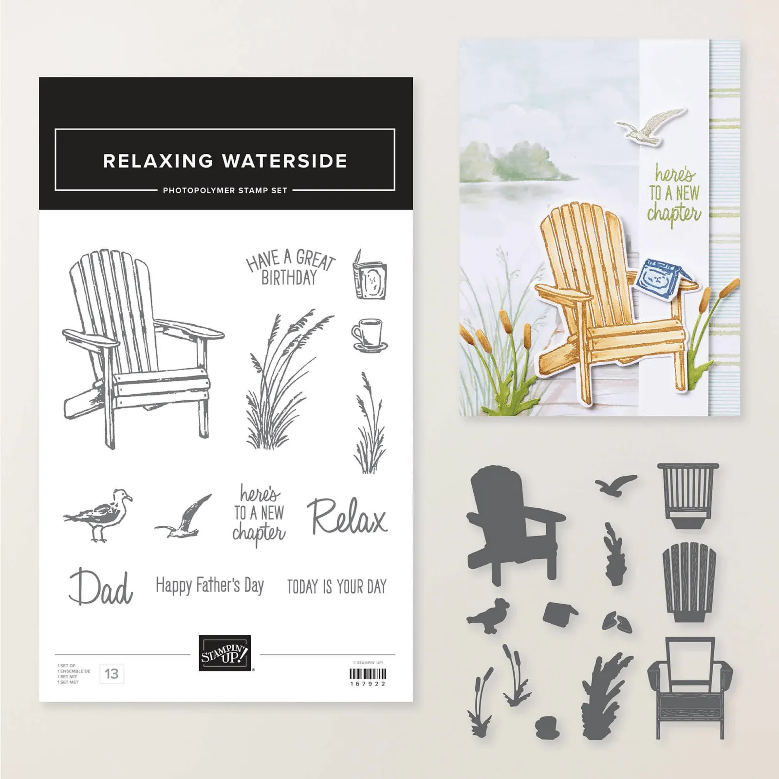 🖼️ Image — Relaxing_Waterside.webp (the stamp set + dies product shot). Alt text: The Stampin' Up! Relaxing Waterside Bundle featuring waterside-themed photopolymer stamps and coordinating dies, including an Adirondack chair, seagulls, grasses, a coffee cup and a book for creating relaxing handmade cards.