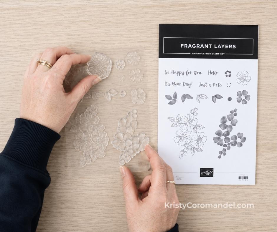 Overhead view of hands placing a clean clear photopolymer stamp back onto its storage sheet beside the coordinating stamp set case on a wooden craft table.